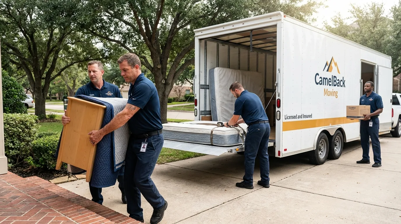 Crew loading residential truck for cross-state move from Laverne, OK