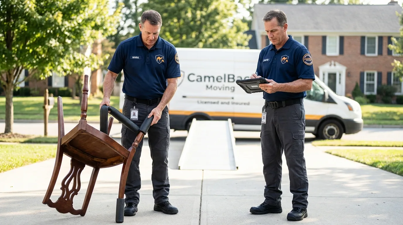 Movers inspecting furniture for damage prevention before loading in Laverne, OK