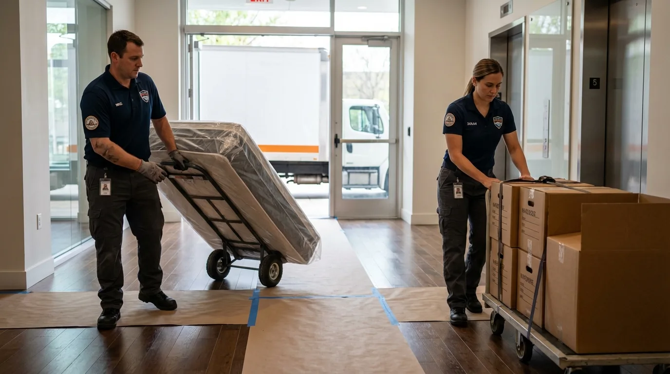 Professional apartment movers loading elevator in Laverne, OK