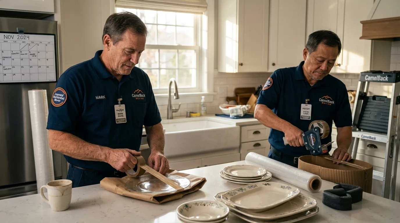 Professional crew packing kitchen dishware in Laverne, OK